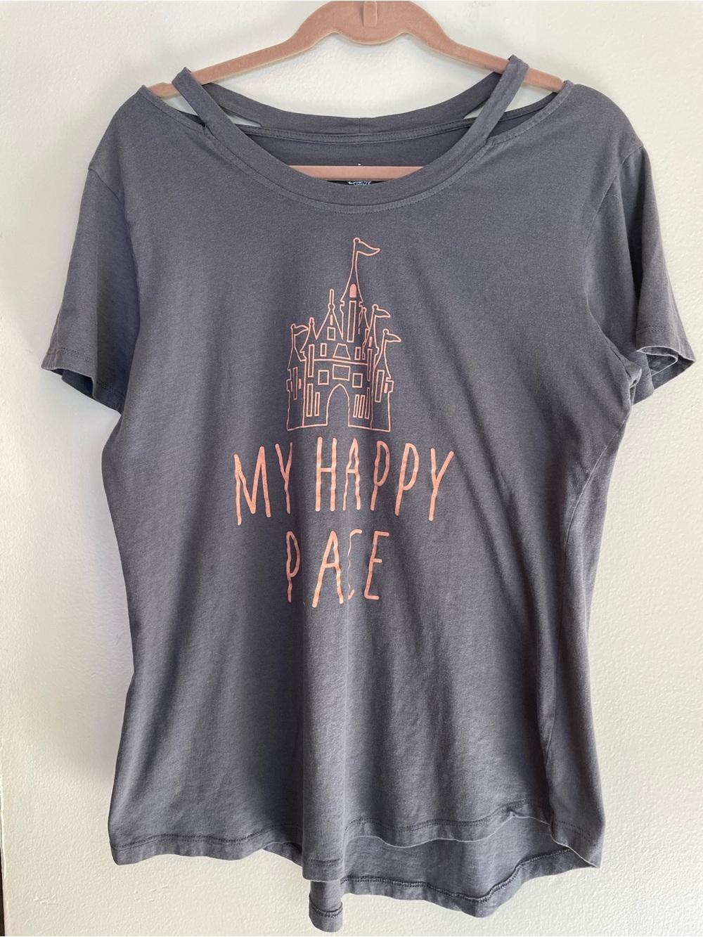 Disney Parks My Happy Place Rose Gold Castle Cutout Neckline Tee Shirt Gray XL